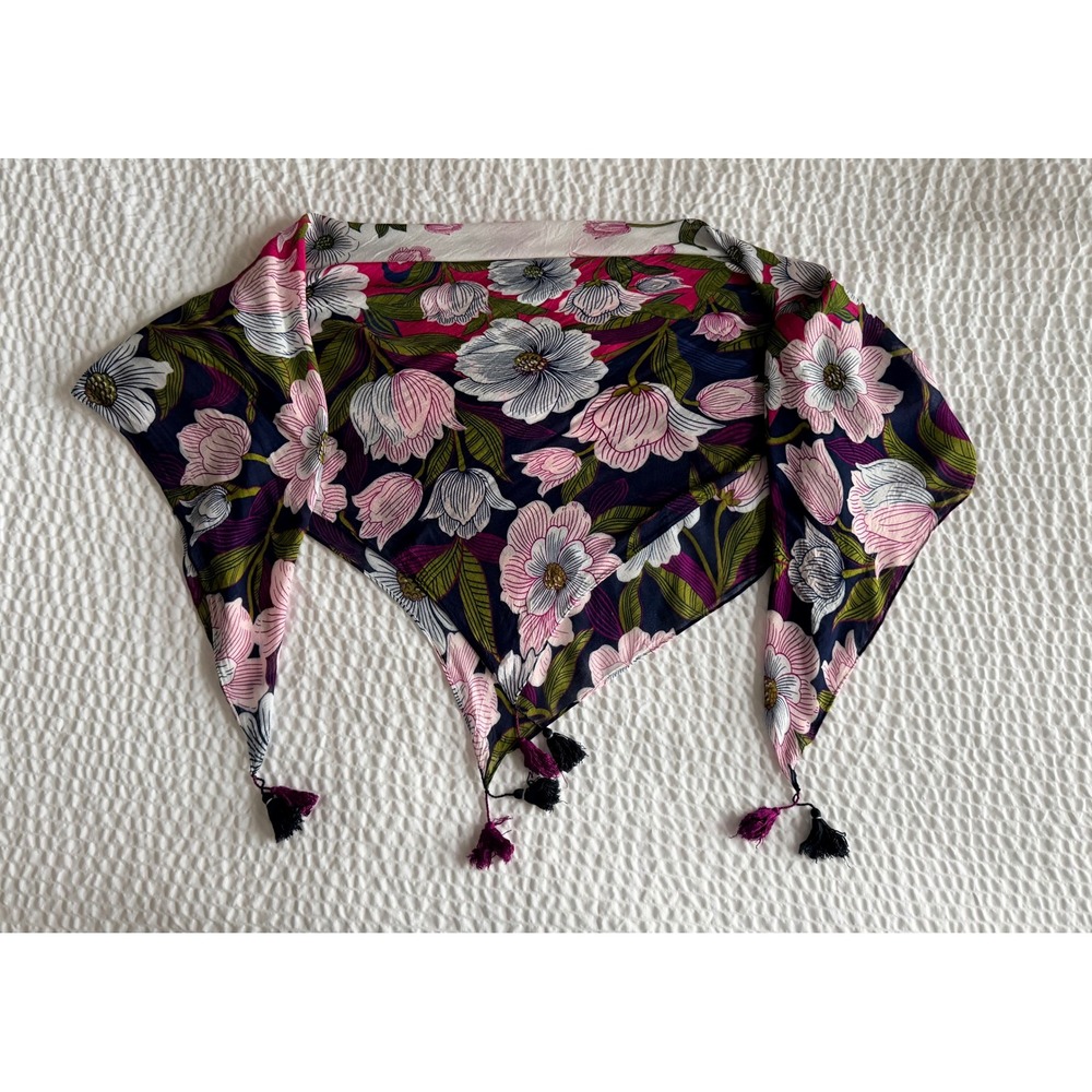 Oversized Floral Square Scarf Pink Navy Boho Tassels